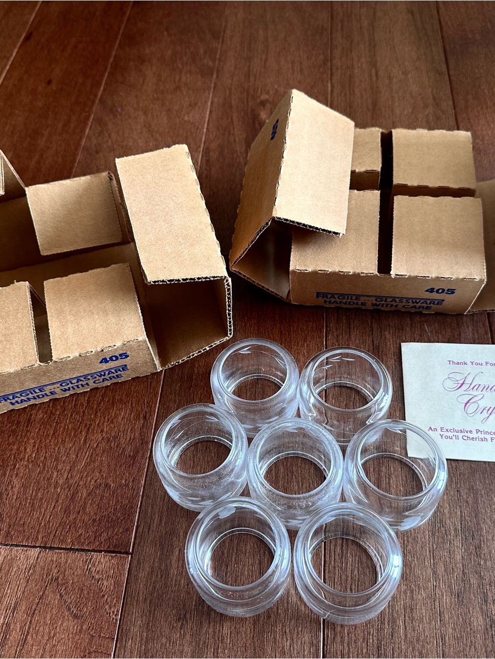 Princess House Vintage Heritage Handblown crystal, Etched-Glass, 7 Napkin Rings